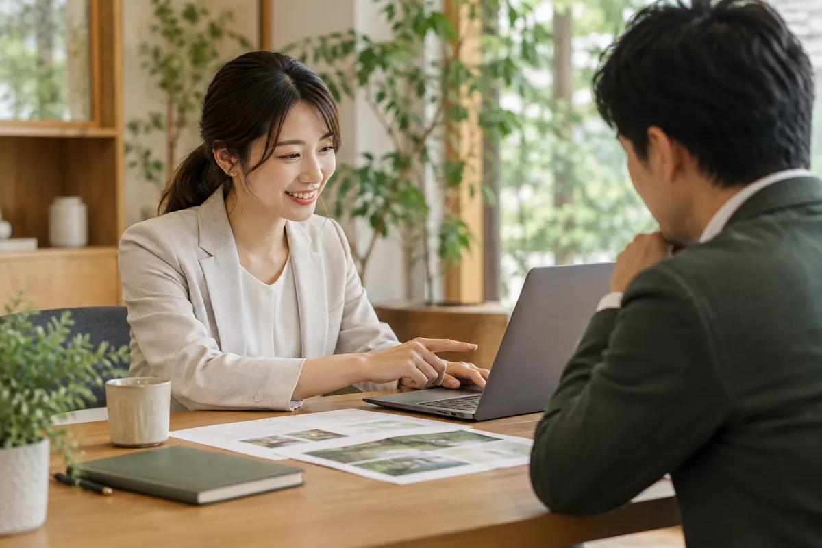 商談の資料を一緒に確認する営業担当者とお客様のイメージ